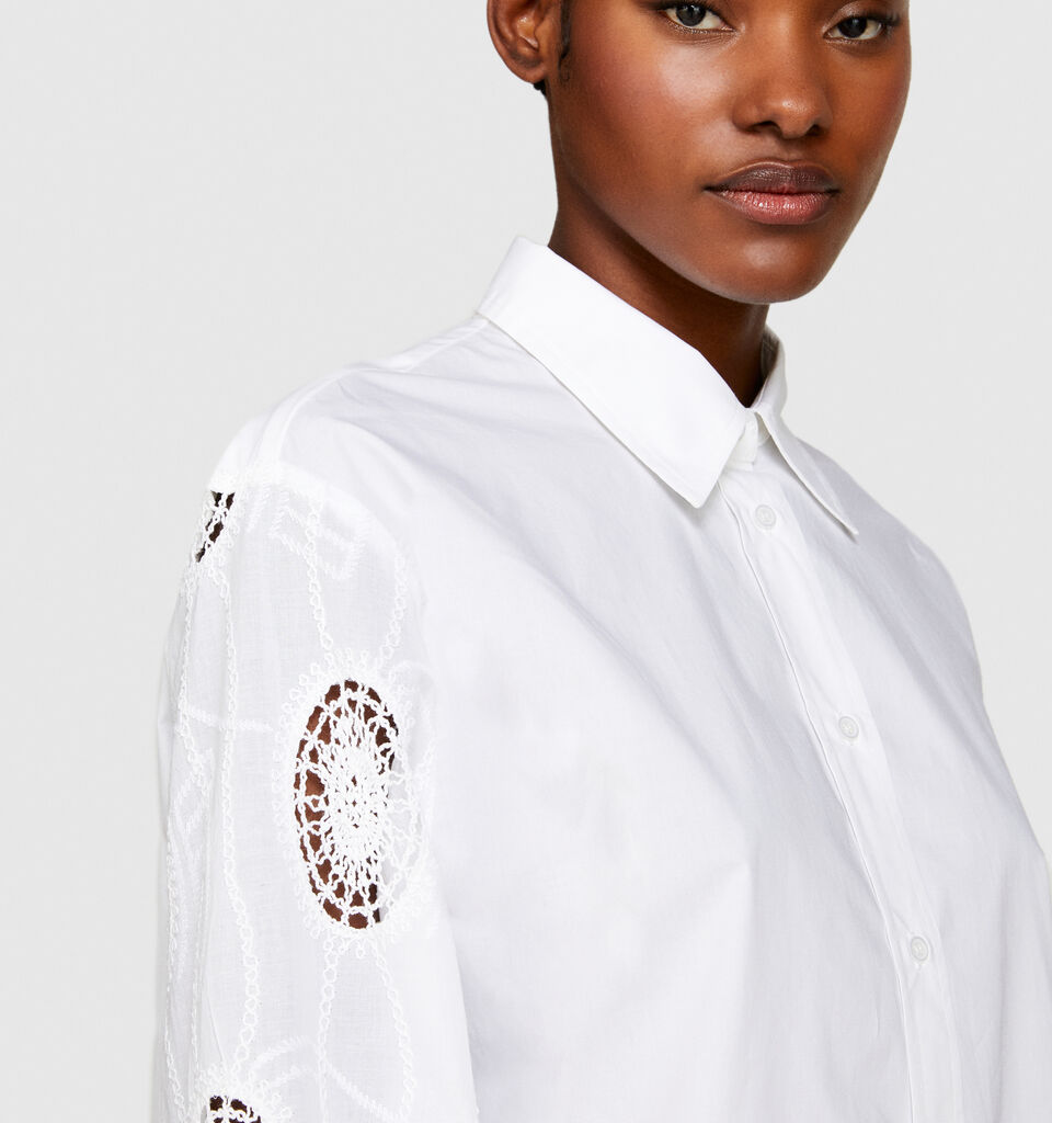 Shirt with embroidered and knotted sleeves - women's shirts - White | Sisley image number 5
